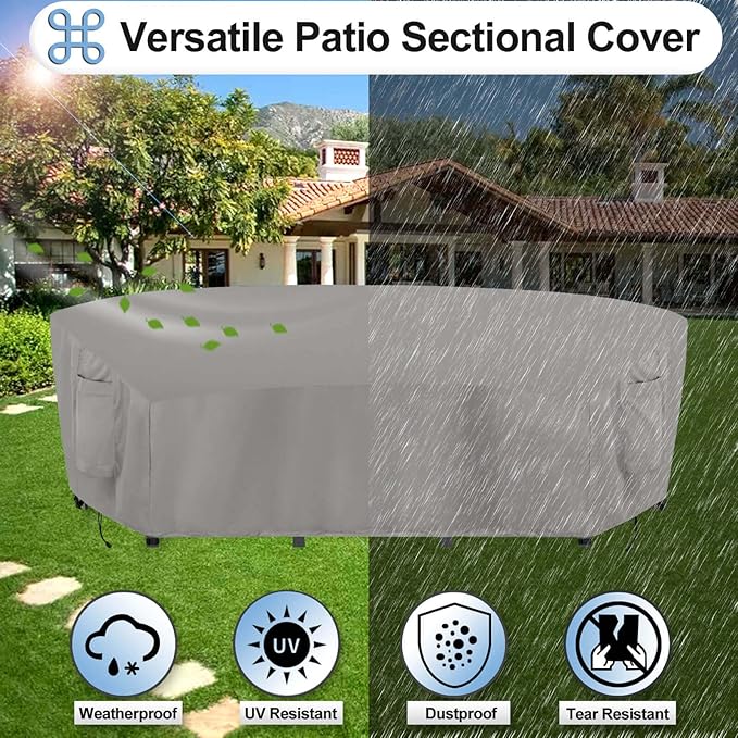 OutdoorLines Waterproof Curved Outdoor Sectional Cover - UV Resistant Windproof Patio Sectional Sofa Covers for Deck, Lawn and Backyard, Heavy Duty Furniture Covers (190Lx36Dx39Hx128FL, Grey)