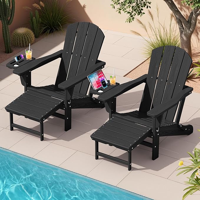 KINGYES Adjustable Folding Adirondack Chair with Footrest & 4-in-1 Multi-Functional Armrest Organizer Set of 2, HDPE Foldable Reclining Adirondack Chair with Pull-Out Ottoman, Black