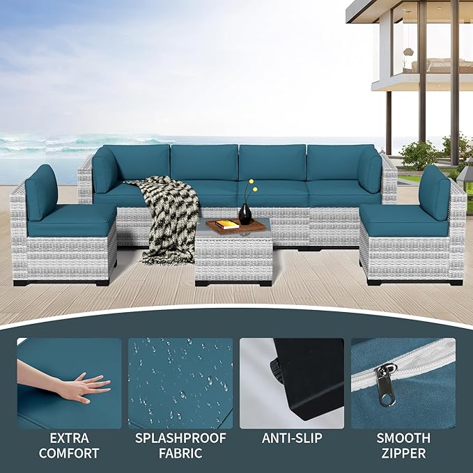 7-Piece Outdoor Sectional Patio Furniture Set, All-Weather Wicker Rattan Sofa w/Thick Washable Cushions & Tempered Glass Table, Perfect for Garden, Poolside, Backyard (7, Graywhite&Peacock Blue)