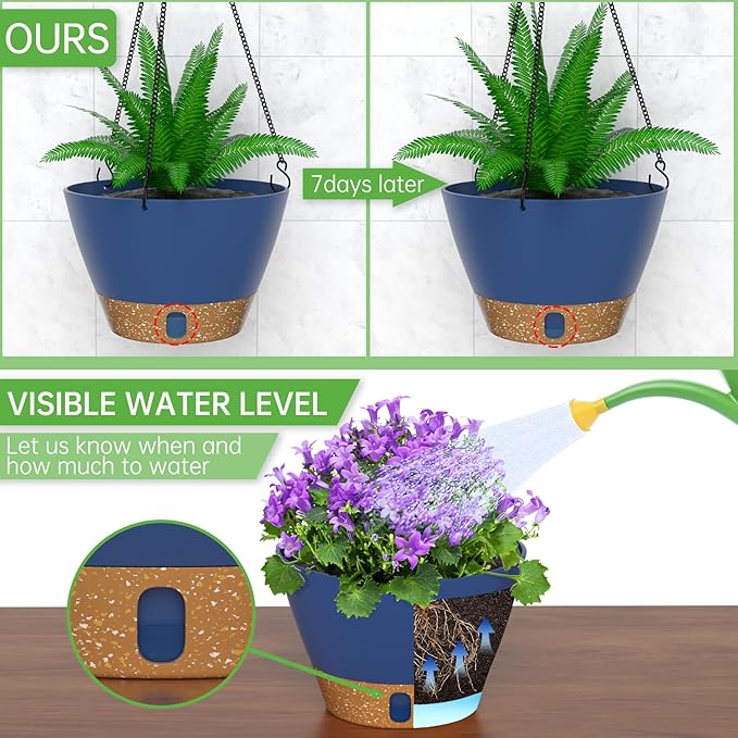 ZMTECH 2 Pack 8 Inch Hanging Planters for Indoor Plants, Modern Blue Hanging Planter with Visible Water Level Window & Removable Tray, Decorative Plant Hanger Indoor for Home Decor