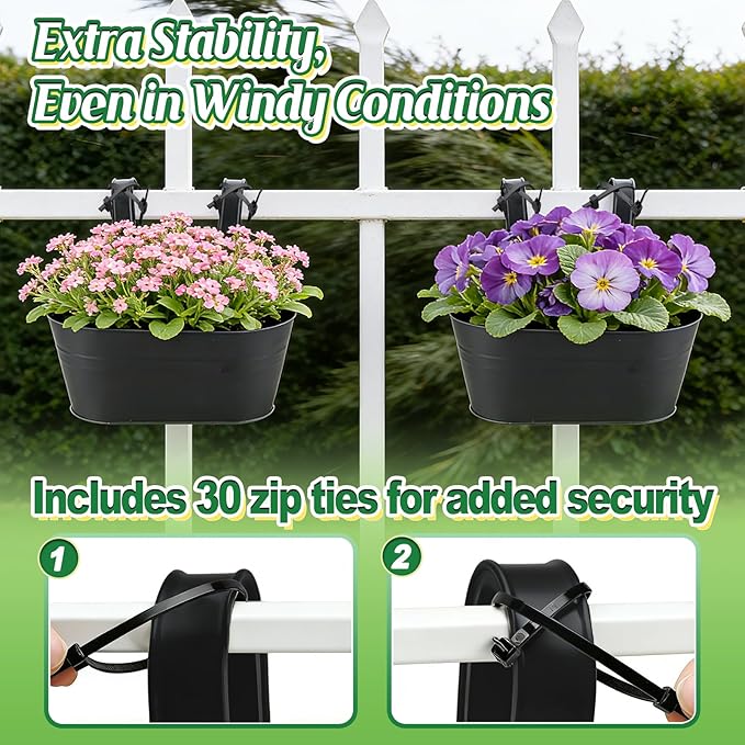MADHOLLY Railing Planter with Drainage Holes - Sturdy Bucket Pots for Railing Fence, Countryside Style Metal Flower Pots for Herbs Balcony Garden Yard Decor, 4Pcs, Black