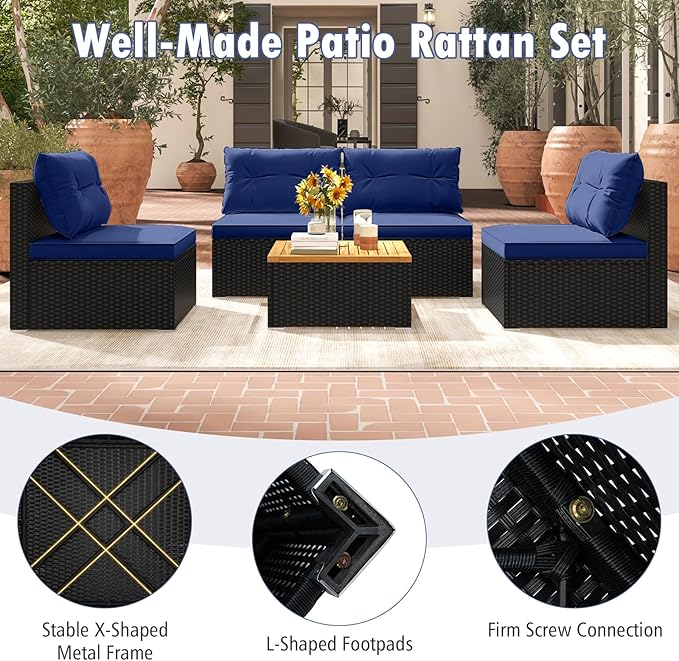 RELAX4LIFE 5-Piece Wicker Outdoor Furniture - PE Rattan Sectional Conversation Set w/4 Armless Sofas & Acacia Wood Coffee Table, Cushioned Patio Sofa Set for Garden Poolside Backyard Porch (Navy)