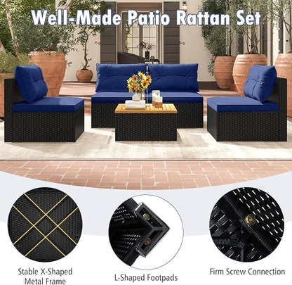 RELAX4LIFE 5-Piece Wicker Outdoor Furniture - PE Rattan Sectional Conversation Set w/4 Armless Sofas & Acacia Wood Coffee Table, Cushioned Patio Sofa Set for Garden Poolside Backyard Porch (Navy)