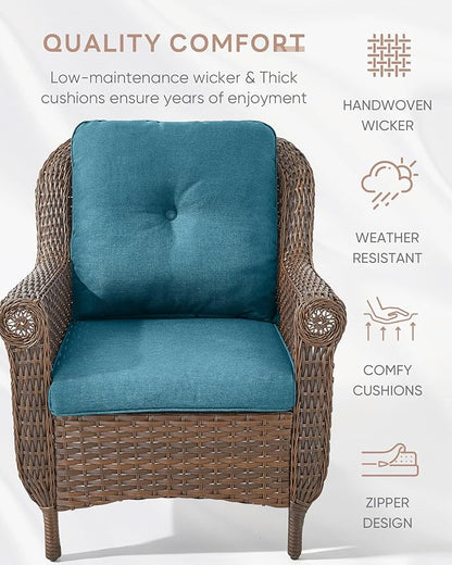 Patio Wicker Chairs Outdoor Furniture Chair - Set of 2 Outside All Weather Lawn Dining Brown Rattan Armchair with High Back&Deep Seating for Deck Porch Balcony Backyard Garden - Peacock Blue