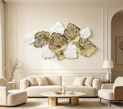 Roivikis Large Metal Wall Art Decor, 3D Abstract White & Gold Floral Leaves Wall Art, Handcrafted Modern Metal Wall Sculpture for Living Room, Bedroom, Entryway, 53.2" × 27"