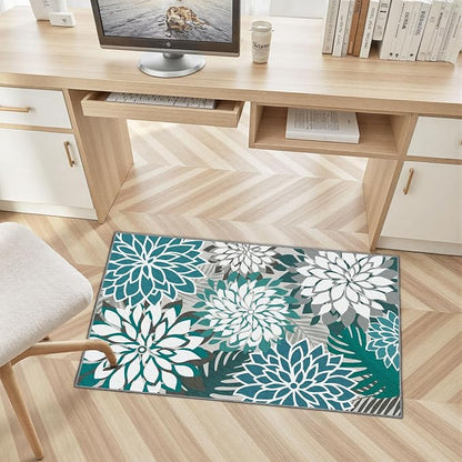 Arenarug 2x3 Colorful Washable Small Rug Tropical Botanical Modern Floral Indoor Chenille Door Mat Carpet Non Slip for Patio, Entry Way, Entrance, Porch, Teal