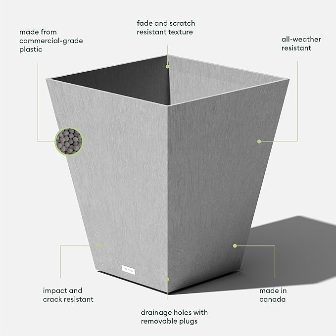Veradek Nobleton Indoor/Outdoor Wide Square Planter (Light Grey, 22 inch - 2 Pack with 2 Saucer Trays)