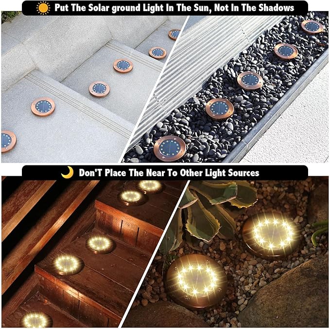 JKIMK Solar Ground Lights Outdoor Waterproof Flat Garden Solar Disk Lights Outdoor Floor Lights 12 LED 4 Pack for Garden Patio Pathway Landscape Driveway Yard Path Decor