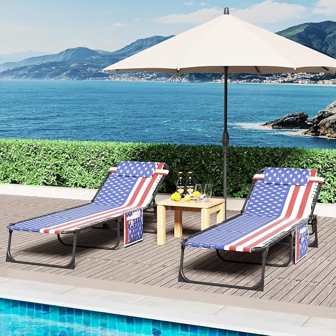 EBE Outdoor Lounge Chair Set of 2, Portable Sun Tanning Chair with 4-Position Reclining Back, Pool Chaise Lounge Chair with Detachable Pillow and Side Pocket for Beach, Poolside, Tricolor Stripe