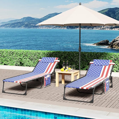 EBE Outdoor Lounge Chair Set of 2, Portable Sun Tanning Chair with 4-Position Reclining Back, Pool Chaise Lounge Chair with Detachable Pillow and Side Pocket for Beach, Poolside, Tricolor Stripe