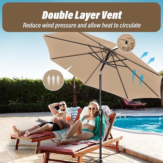 Simple Deluxe 10FT Outdoor Patio Umbrella Table Market Umbrella with Push Button Tilt and Crank, 8 Sturdy Ribs, UV Protection Waterproof for Garden, Lawn, Deck, Backyard, Pool, Tan