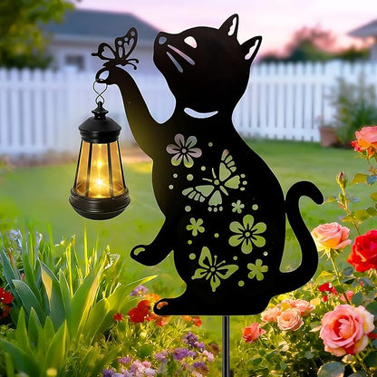 ANGMLN Cat Outdoor Solar Lantern Waterproof, Birthday Gifts for Christmas Women Mom, Solar Hanging Lights with Butterfly, Black Cat Metal Figurine Garden Decor Patio Yard Pathway Backyard Ornaments