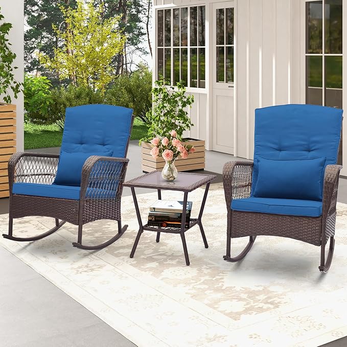 HAPPYGRILL 3 Pieces PE Rattan Rocking Bistro Set, Rocking Chairs with 2-Tier Coffee Table, Thick Pillows and Cushions, Outdoor Conversation Set for Porch, Garden and Poolside, (Navy)