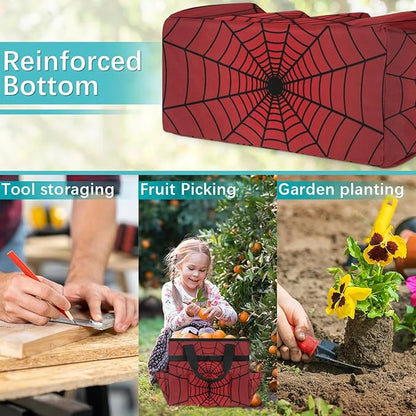 Gardening Tool Bag,Heavy Duty Garden Tote Bag,Portable Oxford Gardening Storage Basket Organizer Handbag with Pockets Handle,Hand Tools Gifts for Outdoor Garden Lawn Spiders Web Red