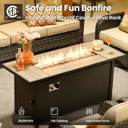 ovios 10 Pieces Patio Furniture Set, Outdoor Wicker Sofa Couch with Rocking Swivel Chairs Solar Lights Table Fire Pit, Modern Deep Seat Rattan Conversation Sets, Beige