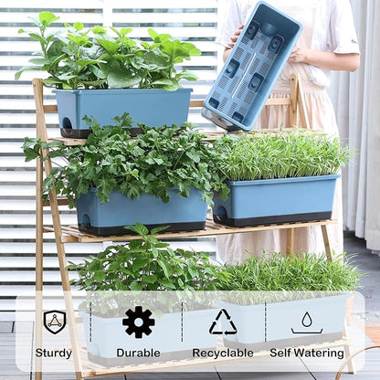Oliz Window Box Planter 8 Pcs, 17 Inches Rectangle Flower Pots with Drainage Holes and Trays, Vegetable Planters for Windowsill Patio Garden Balcony Home Porch Yard Indoor Outdoor (Blue)