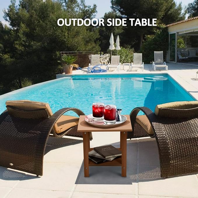 2 Tier Outdoor Side Table with Wood-Like Grain, 16.6" HDPE Adirondack Table Patio Side Table, Weather Resistant End Table for Pool, Patio & Porch, Small Outdoor Table(Teak, Rectangle)