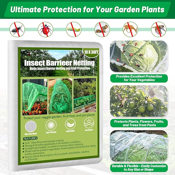 Tetutor Garden Mesh Netting Kit,7 Sets Wide Garden Hoops with 10x30 ft Garden Covers Bird Netting& 12 Clips, Garden Protection for Raised Beds Greenhouse Vegetable Plants Flowers Green