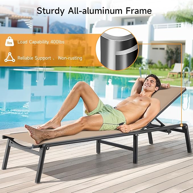 ONBRILL Aluminum Chaise Lounge Chair Outdoor, Foldable & Assembly Free Outdoor Lounge Chair with 5 Position Adjustable Backrest, Patio Pool Lounge Chairs for Outside Poolside Beach Lawn, 1PC, Khaki