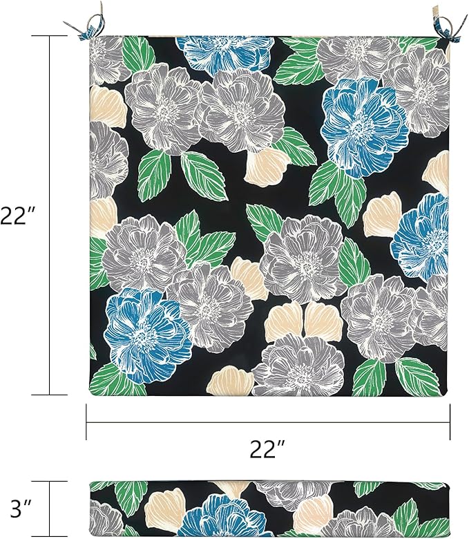 LVTXIII Outdoor Chair Cushions, Water Repellent Patio Furniture Cushions Outdoor Chair Pads with Ties for Dining Chairs and Garden Furniture, 22"x22"x3" Set of 2, Peony Garden