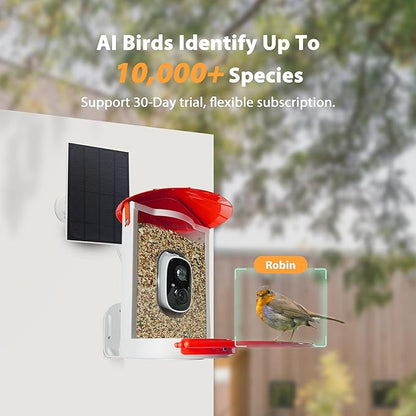 Smart Bird Feeder with Camera Solar, Auto Capture Bird Videos & Motion Detection, Birds Watching Camera Notify in Time, Metal Birds Feeder with Seed Guard, Ideal Present for Mom (Red)