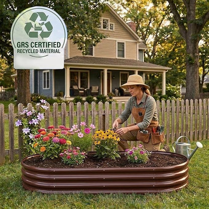 Rakukiri Raised Garden Bed GRS Certified Galvanized Planter Box Outdoor, 5ft Oval Rot-Resistant Metal Garden Bed Planter, Recycled Material Planter for Vegetables Flowers Herbs (Brown)