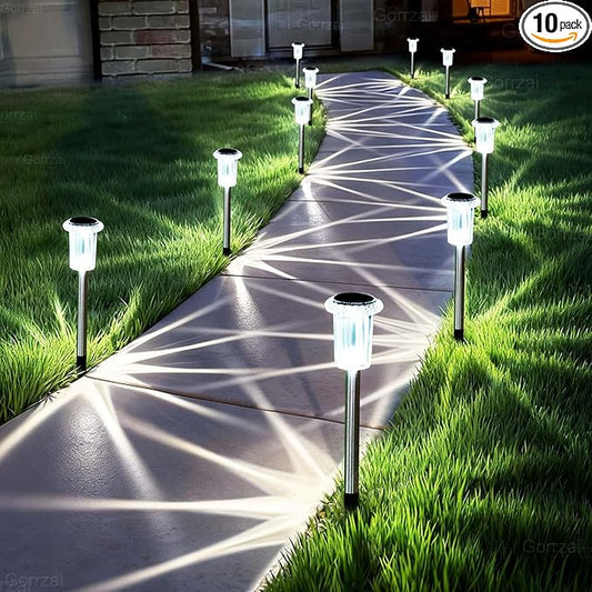 Solar Pathway Lights 10 Pack Solar Lights Outdoor Waterproof 6000K Cold White Yard Lighting, LED Stainless Steel Stake for Garden Outside Landscape Lawn Driveway Walkway Path