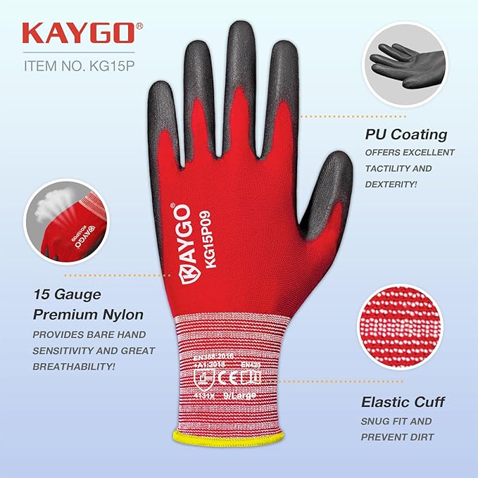 KAYGO Work Gloves PU Coated-12 Pairs, KG15P,Nylon Lite Polyurethane Safety Work Gloves, Gray Polyurethane Coated, Knit Wrist Cuff,Ideal for Light Duty Work (Medium, Red)