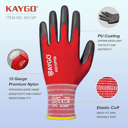KAYGO Work Gloves PU Coated-12 Pairs, KG15P,Nylon Lite Polyurethane Safety Work Gloves, Gray Polyurethane Coated, Knit Wrist Cuff,Ideal for Light Duty Work (Medium, Red)