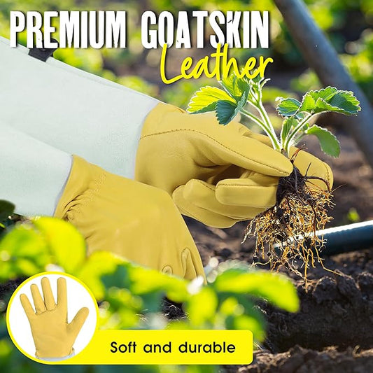 HANDLANDY Rose Gloves for Men & Women, Long Leather Gardening Gloves Thorn Proof, Best Garden Gifts & Tools for Gardener (Yellow-beige, Large (Pack of 1))