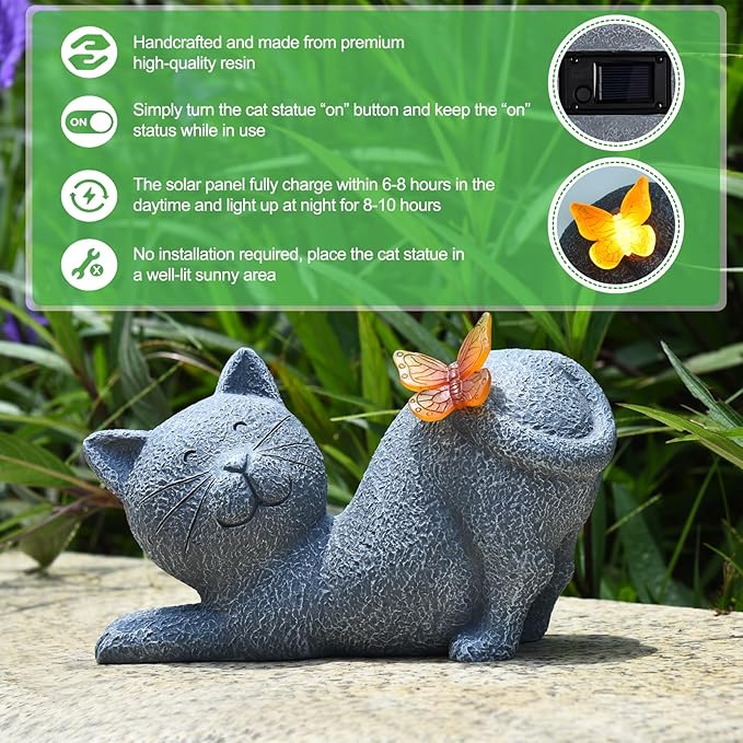 Solar Garden Statue with Glowing Butterfly, Outdoor Resin Cute Figurine with Solar Light, Waterproof Yard Decor for Patio, Lawn, Porch, and Unique Garden Gifts for Lovers (solar cat statue grey)