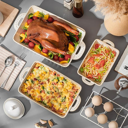 Casserole Dish for Oven, Ceramic Baking Dishes Set, Vintage Hobnail Bakeware Sets of 3, Rectangular Baking Pan, Deep Lasagna Pan with Handle for Cake, Wedding Kitchen Gift, 13.77“/11.6"/8.85"