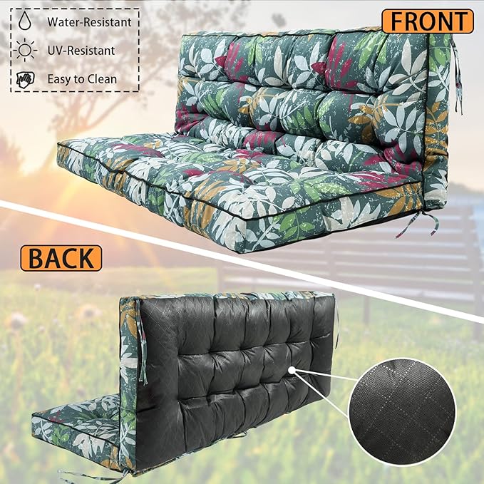 Swing Replacement Seat Cushions, 2-3 Seater Bench Cushions for Outdoor Furnitur with Backrest, Garden Recliner Seat Cushions Waterproof Sofa Pads (Green Flowers, 70.8x40in)