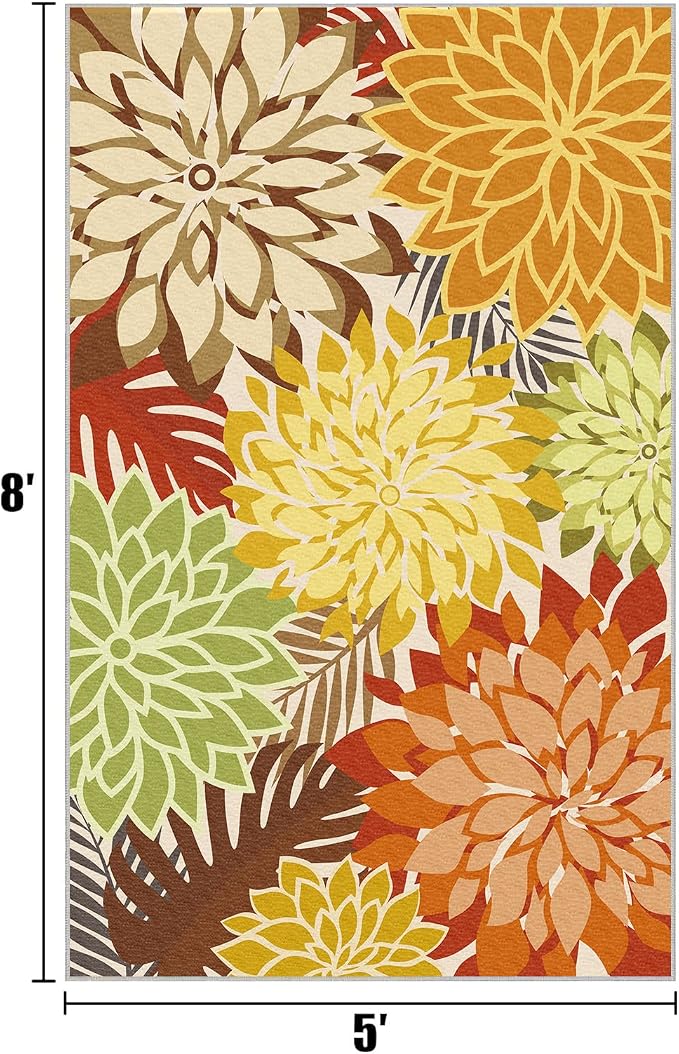 Colorful 5x8 Outdoor Area Rug Washable Multicolored Patio Rug Tropical Botanical Floral Chenille Waterproof Outdoor Carpet for Living Room, Deck, Backyard, Porch, Orange