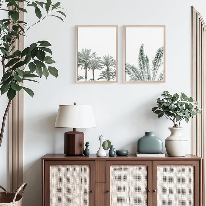 Framed Vintage Canvas Wall Art Palm Tree Leaves Poster Picture Modern Countryside Painting Nature Scenery Contemporary Home Print Living Room Gallery Office Ready to Hang 16x24 Inch x2