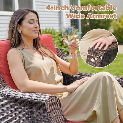 Patio Wicker Chairs Swivel Rocker-Outdoor Swivel Rocker Chair Set of 4 with All Weather Wicker Glider Rocker Set, PE Rattan Swivel Rocking Chair with 2 Side Table for Balcony Deck Porch Brown/Red