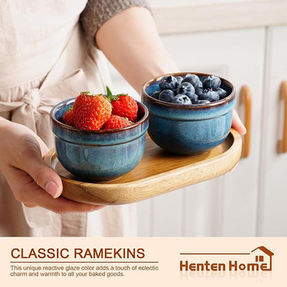 Henten Home 6 oz Ramekins Set Oven Safe, Ceramic Creme Brulee Ramekins Set of 6, Baking Cups for Pudding, Souffle, Ice Cream, Snack, Dipping (Blue)