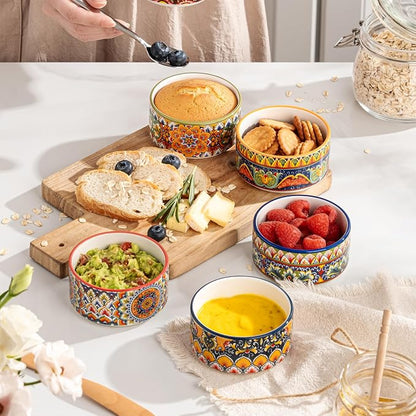 Henten Home Ceramic Ramekins Set Oven Safe, Colorful Creme Brulee Ramekins Set of 6, Boho Baking Cups for Cake, Pudding, Souffle, Ice Cream, Snack, Dipping, Microwave & Dishwasher Safe(4 oz)