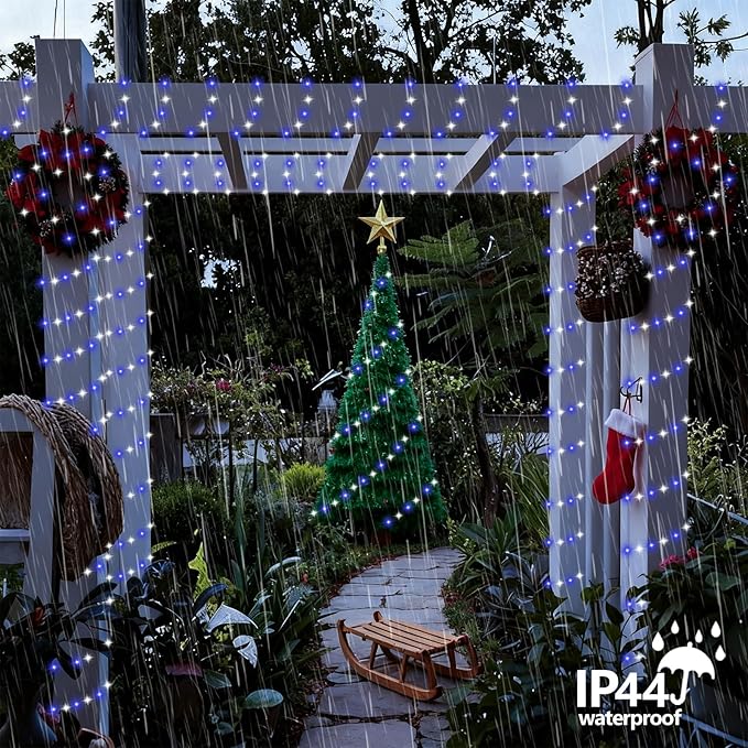 YEGUO 4 Pack Blue and White Solar Fairy Lights, Each 33ft 100 LED Christmas Lights Outdoor Waterproof, 8 Modes Sliver Wire Solar String Lights