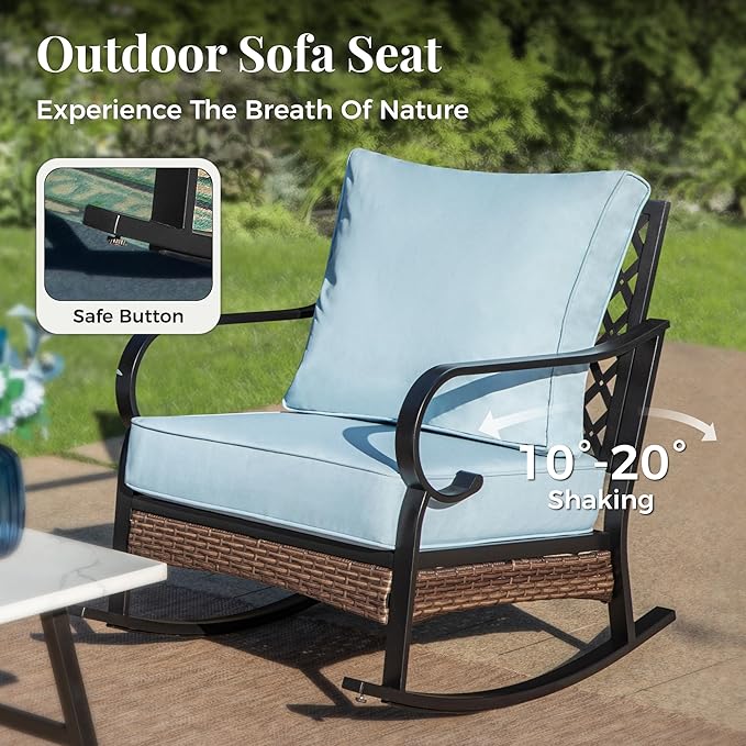 Patio Furniture Set with Firepit Table, Black Frame Outdoor Conversation Set with 2 x Fixed Chairs, 2 x Rocking Chairs, 1 x 3-Seat Sofa for Lawn Garden Backyard, Blue