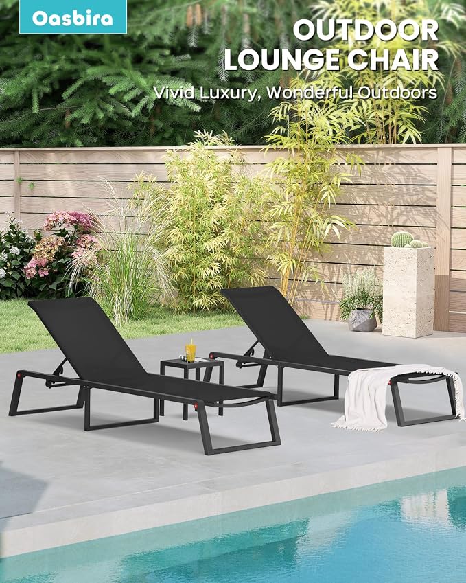 Aluminum Chaise Lounge Chair Outdoor, Foldable& No Assembly Patio Pool Lounge Chairs 5-Position Recliner for Outside, Fully Grounded Legs Sun Lounger for Poolside, 4 Packs, Black