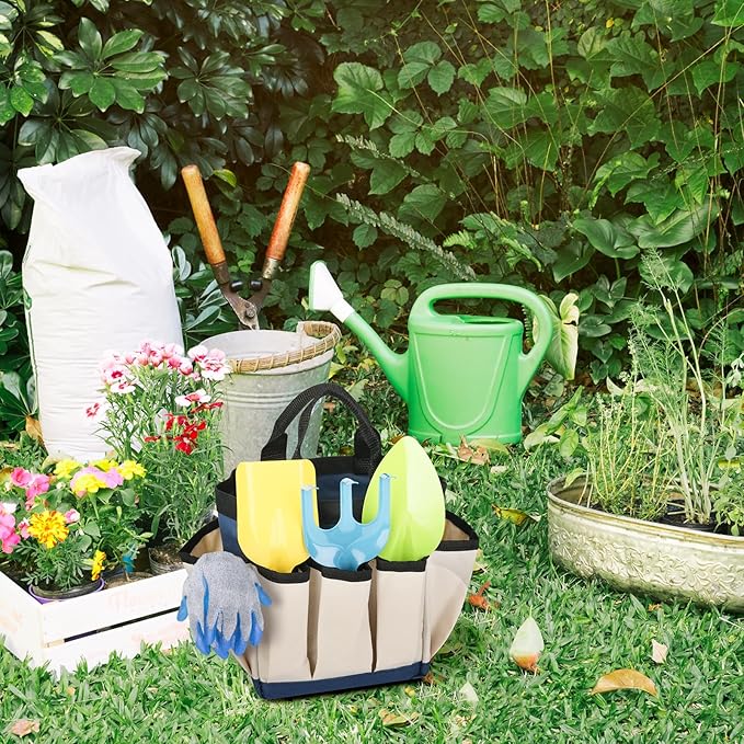Small Garden Tool Bag Waterproof Gardening Hand Tool Storage Bag Heavy Duty Oxford Tote Organizer Bag with 8 Pockets, Garden Utensil Handbag for Women Men (Beige)
