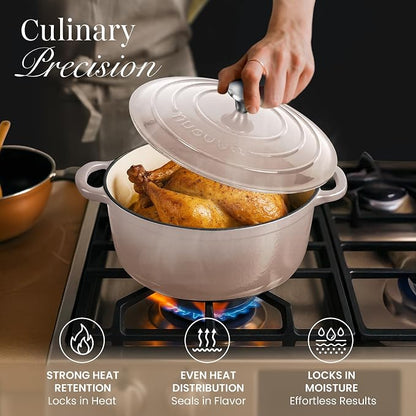 Nuovva Enamelled Cast Iron Dutch Oven Pot with Lid 6.4 Quart Non Stick Casserole Pot-Heavy Duty & Oven Safe up to 500° F for Bread Baking, Braising, Stews, Roasting - 28cm Oyster