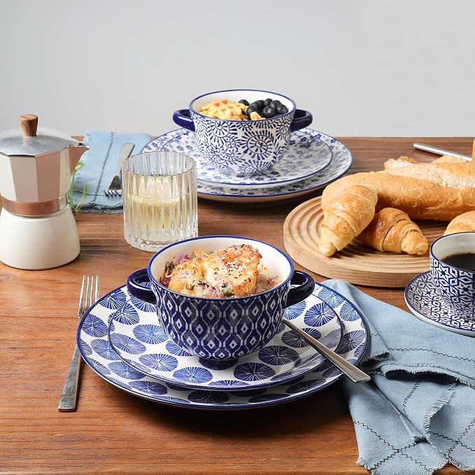 Selamica Ceramic Soup Bowls with Handles, French Onion Soup Crocks 20 OZ, Oven Safe Soup Bowls for French Onion, Chili, Beef Stew, Cereal, Pot Pies, Set of 4, Vintage Blue