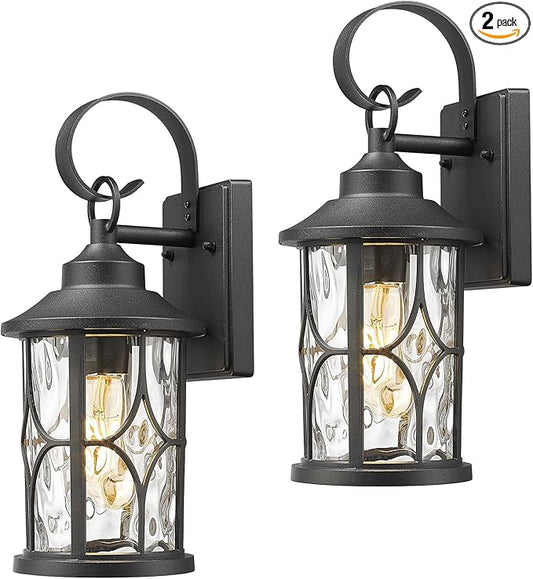 zeyu 2 Pack Industrial Wall Mounted Lights, 16 Inch Outdoor Wall Sconce Lantern, Die-Cast Aluminum, Black Finish with Water Ripple Glass, ZX111B-2PK BK-WG