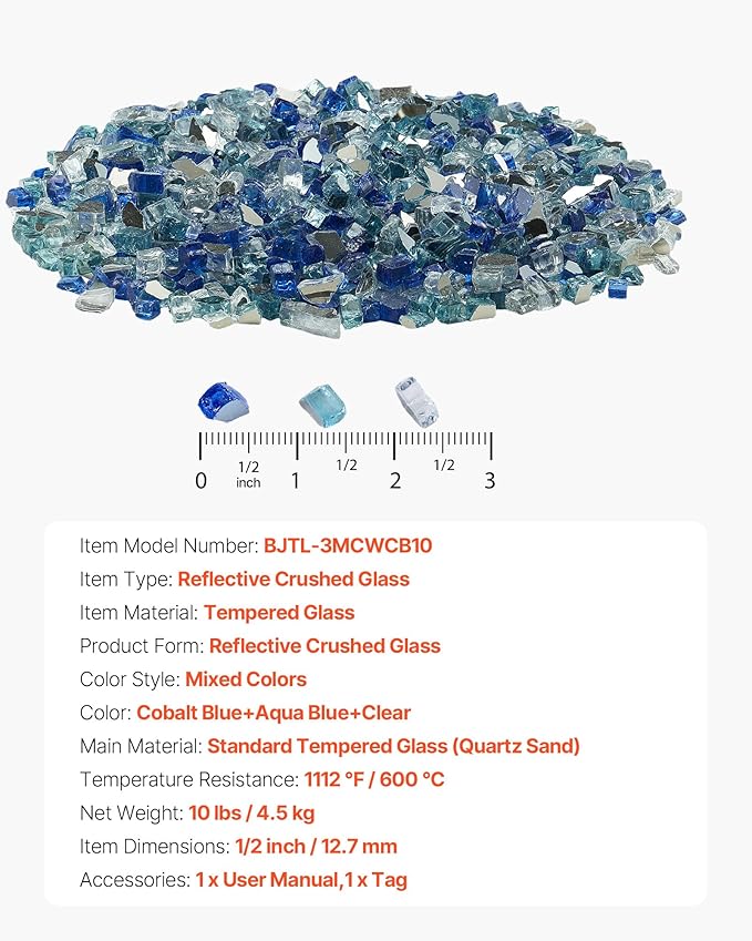 VEVOR Fire Glass, 10 LBS / 4.5 KG Fireplace Rocks, 1/2-Inch / 12.7 mm Reflective Firepit Glass Rock, High Luster & Smokeless Stone Landscaping for Fire Pit Table, Cobalt Blue + Aqua Blue + Clear
