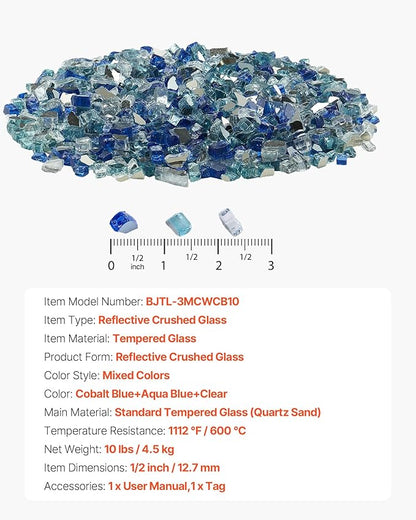 VEVOR Fire Glass, 10 LBS / 4.5 KG Fireplace Rocks, 1/2-Inch / 12.7 mm Reflective Firepit Glass Rock, High Luster & Smokeless Stone Landscaping for Fire Pit Table, Cobalt Blue + Aqua Blue + Clear