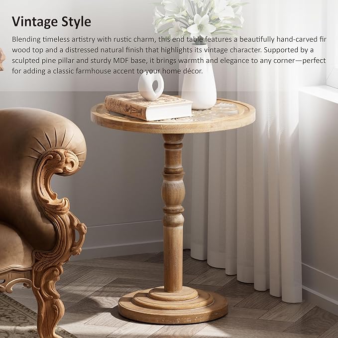 COZAYH Farmhouse Round Side Table with Carved Top, Rustic Pine Wood Pedestal Accent Table for Living Room, Bedroom, Distressed Finish, Natural Wood