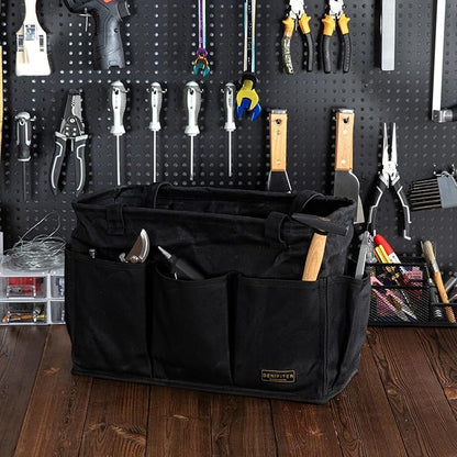 Heavy-Duty 16 oz. Waxed Canvas Tool Bag with 9 Pockets – Foldable Open-Top Design Featuring Dual Carry Handles, 15.5"x7.5"x10.5"