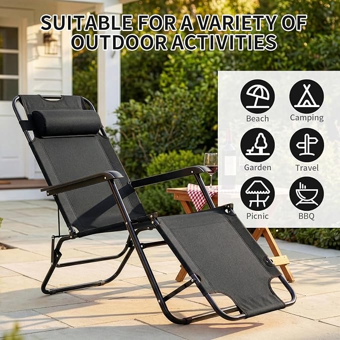 Outvita Folding Chaise Lounge Chair, Outdoor Adjustable Recliner Chair with Pillow for Camping, Beach, Poolside, Garden, Backyard, Lawn